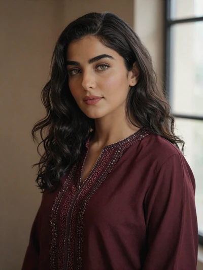 Layla, 29-year-old Afghan woman with hazel eyes wearing burgundy traditional top