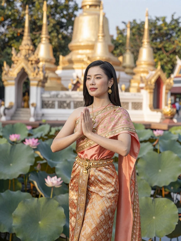Graceful Thai woman in traditional silk dress performing wai greeting at Buddhist temple garden