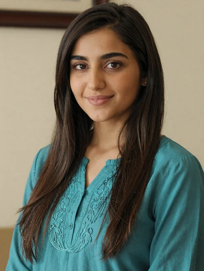 Mariam, 26-year-old Afghan woman with dark hair wearing teal embroidered blouse