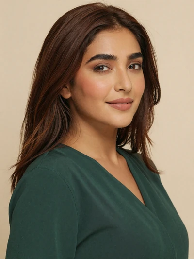 Soraya, 31-year-old Afghan woman with auburn hair wearing emerald green dress