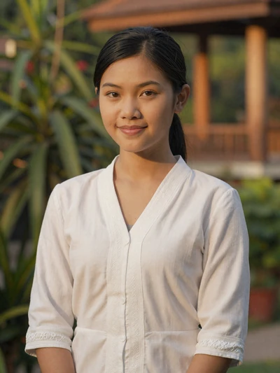 Khamla, 24-year-old Laotian woman from Luang Prabang wearing traditional white embroidered blouse