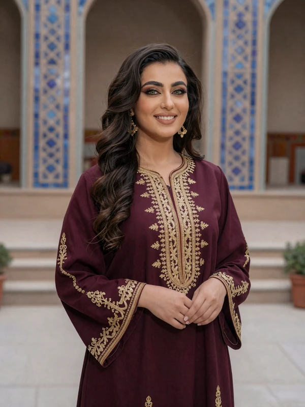 Elegant Afghan woman in traditional burgundy embroidered dress standing in a courtyard setting