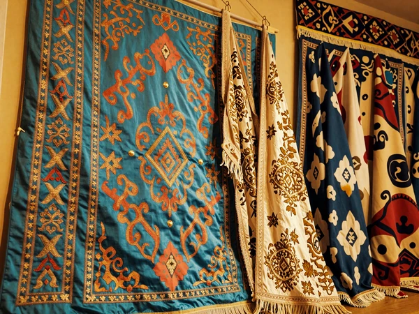 Traditional Uzbek wedding textiles and ikat fabrics representing Sep dowry traditions