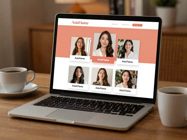 AsiaFlame dating platform interface showing diverse Asian women profiles on laptop screen