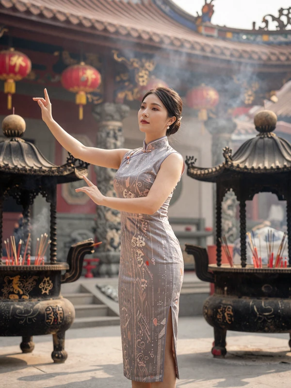 Elegant Taiwanese woman in modern dress with traditional temple backdrop representing cultural blend