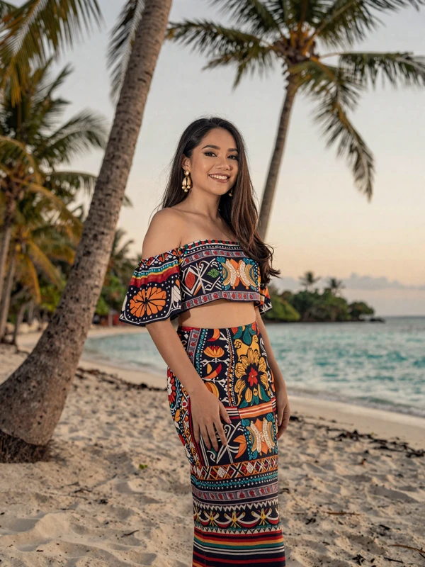 Joyful Filipina woman in traditional terno dress on tropical Philippine beach at sunset