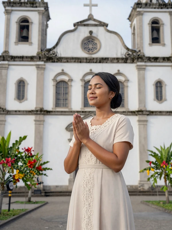 Timorese woman in elegant dress near Portuguese colonial Catholic church in Dili