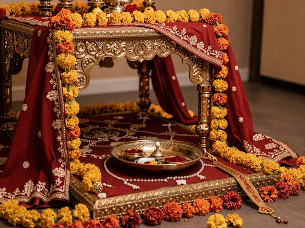 Traditional Indian wedding mandap with marigold decorations and ceremonial items
