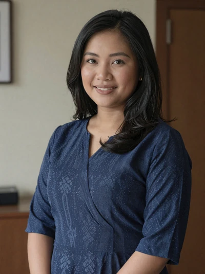 Boupha, 29-year-old Laotian professional woman from Savannakhet in navy blue dress
