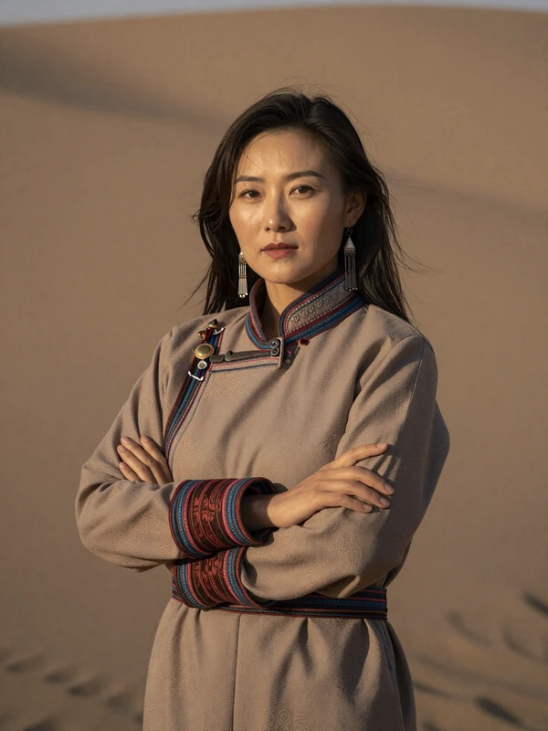 Confident Mongolian woman embodying independence and strength with traditional and modern style blend