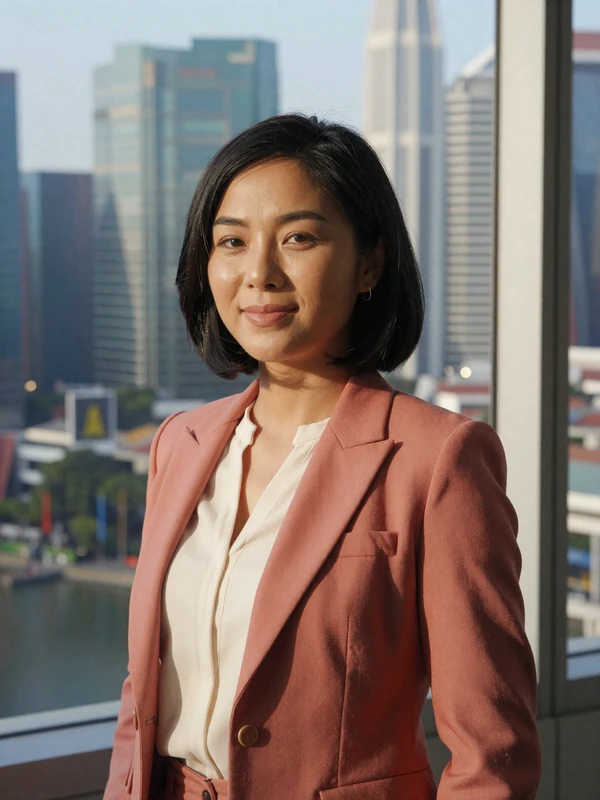 Confident Singaporean professional woman in modern office with Singapore skyline view