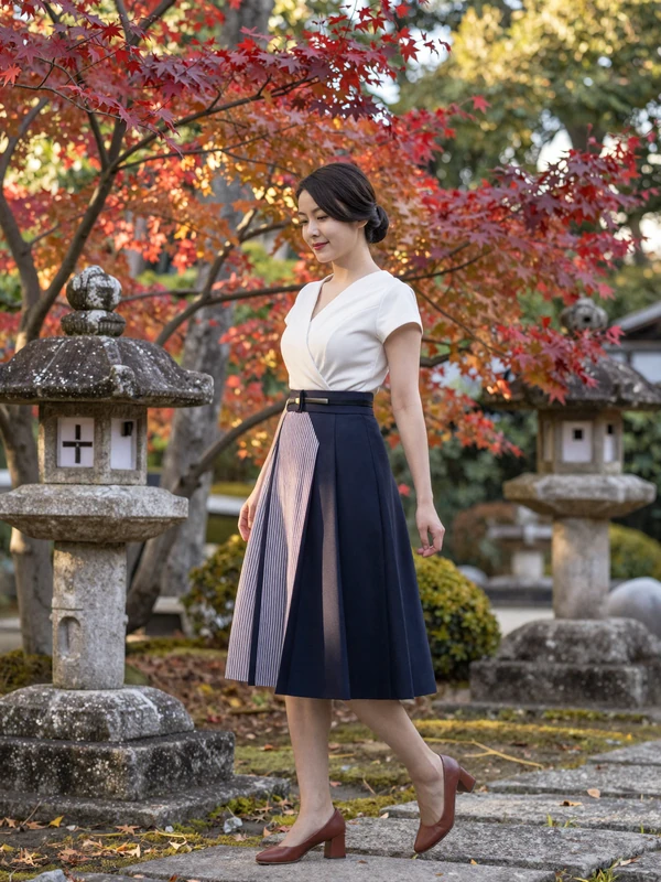 Elegant Japanese woman walking through traditional autumn garden with red maple trees