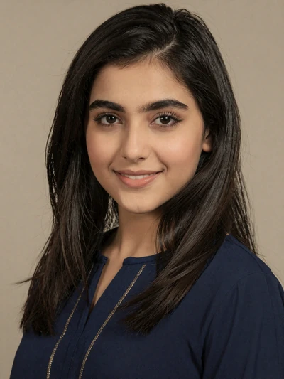 Zainab, 24-year-old Afghan woman with black hair wearing navy blue dress with gold details