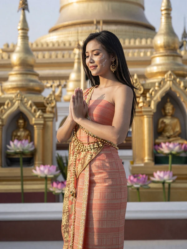 Graceful Burmese woman in traditional htamein longyi at golden pagoda temple in Myanmar