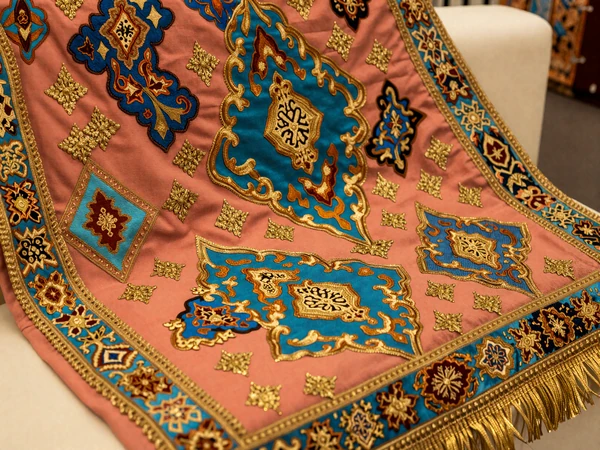 Traditional Tajik wedding textiles and atlas silk fabrics representing Sep dowry traditions