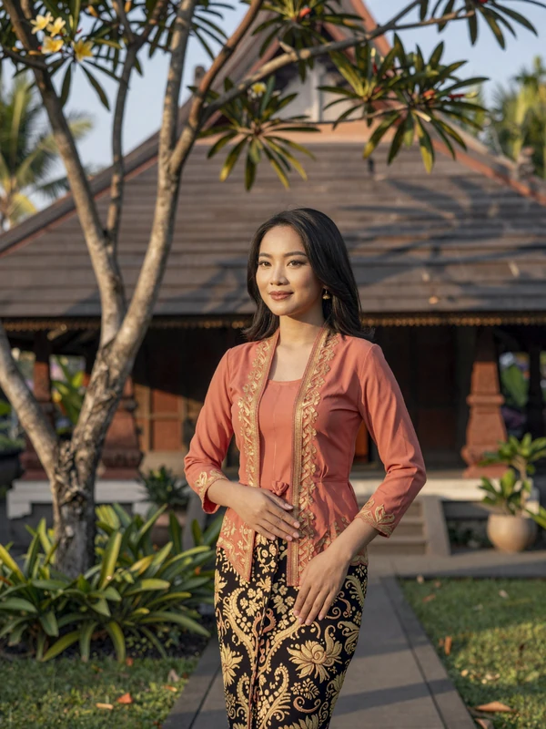 Graceful Indonesian woman in traditional batik kebaya dress in tropical Javanese garden setting