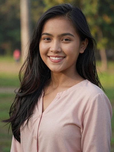 Malai, 27-year-old Laotian woman from Pakse with warm smile in soft pink blouse outdoors