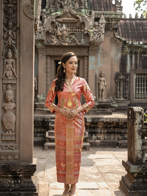 Graceful Cambodian woman in traditional Khmer silk dress standing in ancient temple courtyard with warm sunlight