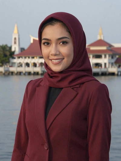 Norhanisah, 31-year-old accomplished Bruneian professional woman in burgundy attire seeking commitment